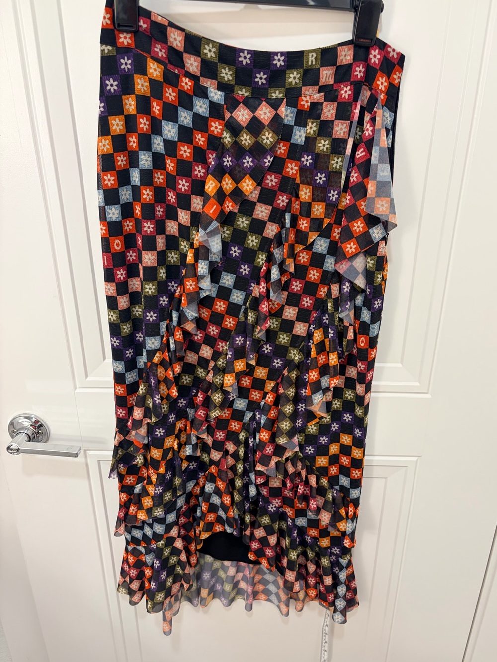 FARM Rio for Anthropologie Check Ruffled Maxi Skirt Small Floral Mesh Asymmetric